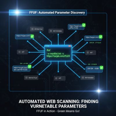 A diagram illustrating ffuf (Fuzz Faster U Fool) scanning various URLs for vulnerable parameters, with green hit markers indicating successful findings.
