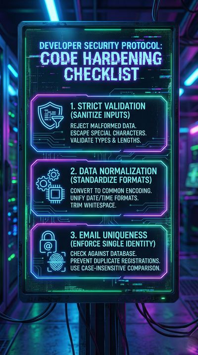 A security checklist poster outlining strict validation, normalization, and email uniqueness requirements for developers.