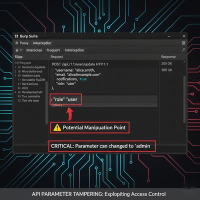Burp Suite interface with an intercepted JSON payload, highlighting the 'role':'user' parameter, indicating a potential manipulation point.