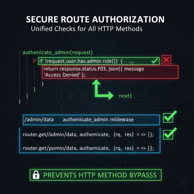 A visual of a secure code snippet demonstrating unified route authorization checks that apply consistently across multiple HTTP methods (GET, POST, etc.) to prevent bypasses.