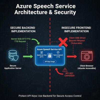 A diagram showing the Azure Speech Service architecture, illustrating API key usage, Text-to-Speech (TTS) and Speech-to-Text (STT) flows, and the distinction between secure backend and insecure frontend implementations.