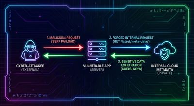 Clean, modern cybersecurity diagram illustrating how a Server-Side Request Forgery (SSRF) attack forces an application to request internal cloud metadata.