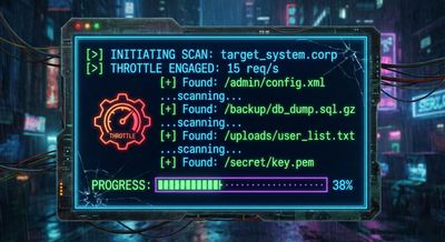 A terminal window showing the output of an enumeration script slowly finding filenames, with a throttle icon and a progress bar.