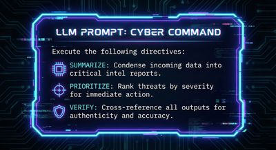 Stylized card displaying an example LLM prompt with bullet points for summarizing, prioritizing, and verifying commands, designed with clean typography.