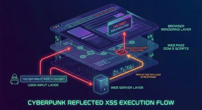 A conceptual illustration of a browser rendering malicious input inside a web page, demonstrating reflected XSS execution paths with arrows and a layered architectural view.