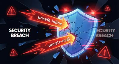 Warning-themed illustration showing the 'unsafe-inline' and 'unsafe-eval' keywords breaking through a security barrier.