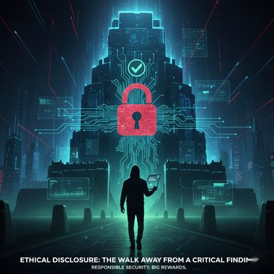 A hacker silhouette walking away from a glowing digital fortress, symbolizing the success of ethical disclosure after discovering a critical vulnerability.