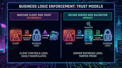 A conceptual diagram contrasting insecure client-side trust models versus secure server-side validation for business logic enforcement.