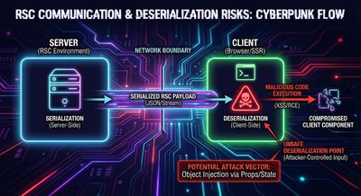 Diagram illustrating the communication flow and serialization boundaries of React Server Components, highlighting potential points for unsafe deserialization.