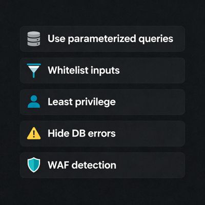 A clean infographic checklist outlining defensive measures against SQL injection and UNION-based attacks: Use parameterized queries, Whitelist inputs, Least privilege, Hide DB errors, and WAF detection, using flat icons.