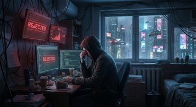 A conceptual artwork of a lone researcher sitting at night in a cyberpunk setting, surrounded by glowing screens showing 'REJECTED' reports, conveying frustration and burnout.