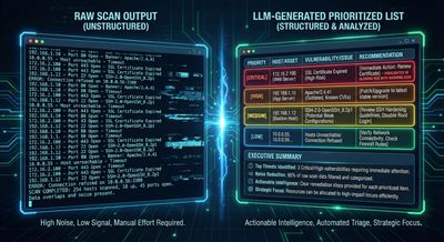 Split-screen infographic comparing raw scan output with lines of hosts and clutter on the left against an LLM-generated prioritized list with highlighted items on the right, in a professional cyber style.