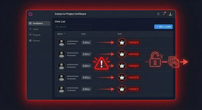 A visualization of enterprise risk showing a project dashboard where standard user icons are rapidly turning into 'Owner' roles, accompanied by warning symbols and data exposure indicators.
