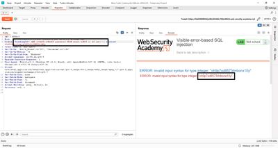 Repeater screenshot showing the full password for the administrator user leaked within a database error message.