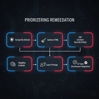 A defense diagram outlining key XSS remediation steps: Escape By Default, Sanitize HTML, Content Security Policy (CSP), HttpOnly Cookies, Least Privilege, and continuous integration (CI) tests, shown as simple linked boxes.