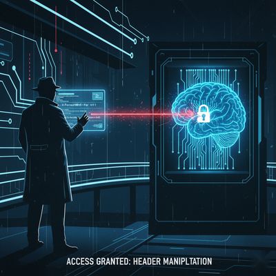 A conceptual illustration in a cyber-noir style, showing a digital detective changing an HTTP header, which unlocks a glowing AI brain, symbolizing an access control bypass.