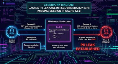 Diagram of cached PII leakage in recommendation APIs due to missing session in cache key.