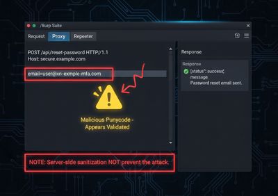 A mock lab screenshot showing a sample POST /reset-password request with a Punycode-encoded email address in the email parameter, appearing sanitized but still malicious.