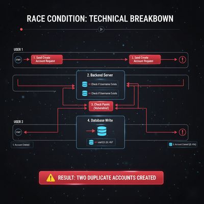 A flowchart illustrating a race condition timeline, showing two parallel, interleaved requests for user sign-up that ultimately lead to the creation of duplicate entries within a database due to lack of synchronization.