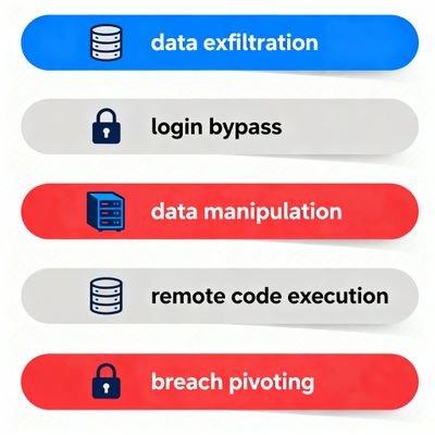 An infographic-style list visually detailing the impacts of SQL injection, including data exfiltration, login bypass, data manipulation, remote code execution (RCE), and breach pivoting, each with a small illustrative icon.