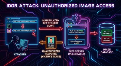 A diagram illustrating an IDOR attack where a browser's GET request parameter is manipulated to fetch another user's image from a server.