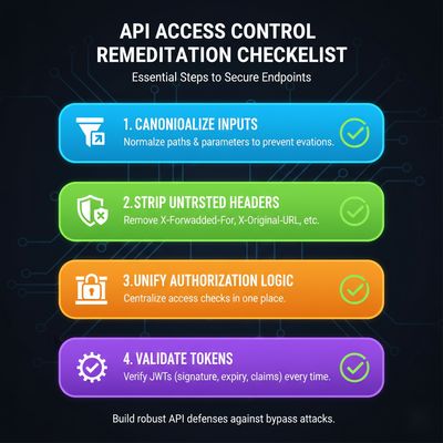 An infographic checklist for access control remediation: canonicalize inputs, strip untrusted headers, unify authorization logic, and validate tokens, presented with simple icons.