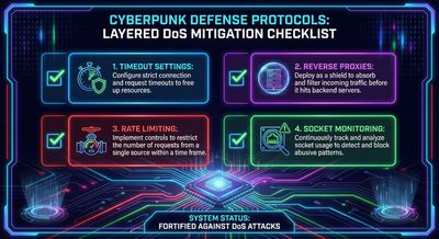 An illustrated checklist detailing layered defenses against DoS attacks, including timeout settings, reverse proxies, rate limiting, and socket monitoring.