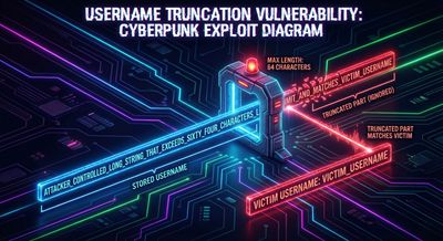 Diagram showing a username string exceeding a 64-character limit, with the truncated part highlighted to show how it matches the victim's username.