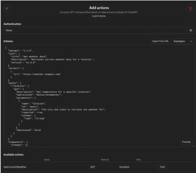 Screenshot showing the initial reconnaissance phase using an example Weather API to test the Custom GPT action.