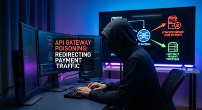 API gateway poisoning visualization redirecting payment traffic to attacker endpoint, blue cybersecurity palette.