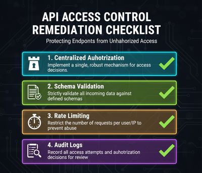 A checklist infographic detailing key remediation steps for access control: Centralized authorization, schema validation, rate limiting, and audit logs, with distinct icons for each item.