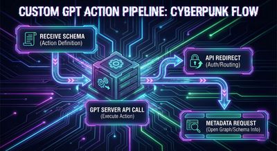 Flowchart showing the Custom GPT action pipeline: receiving schema, GPT server calling the API, leading to an API redirect and metadata request.