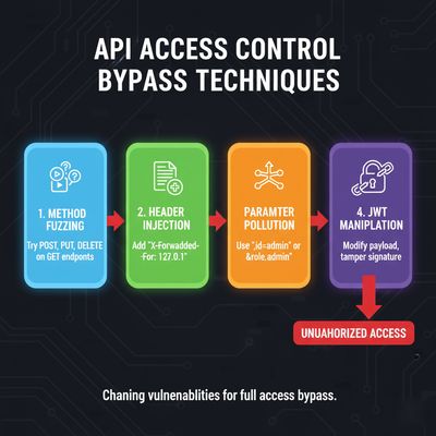 A flat vector-style diagram illustrating key attack techniques for bypassing access control: method fuzzing, header injection, parameter pollution, and JWT manipulation, forming a visual attack chain.