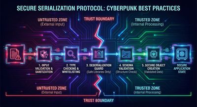 An illustration outlining best practices for secure serialization, including validation checkpoints and defining trust boundaries in a modern web application.