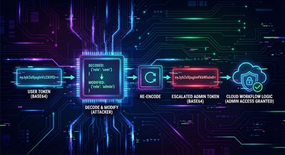 Diagram illustrating the process of decoding a Base64 string, modifying the role from user to admin, and re-encoding it to escalate privileges in a cloud workflow.
