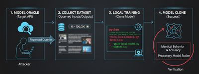 An infographic showing the model extraction process: an attacker queries the model oracle, collects a dataset, uses it for local training, and successfully creates a clone of the original model.