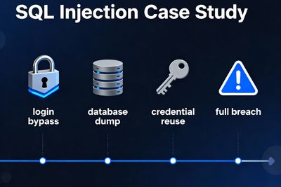 A timeline graphic depicting the progression of a real-world SQL injection attack, from initial login bypass to database dump, credential reuse, and ultimately a full data breach, illustrated with relevant icons.