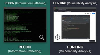 This image visually distinguishes between the information-gathering phase (recon) and the active vulnerability-finding phase (hunting).