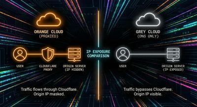 Visual comparison of Cloudflare DNS modes, showing the 'Orange Cloud' (Proxied) versus the 'Grey Cloud' (DNS Only) settings and their impact on IP exposure.