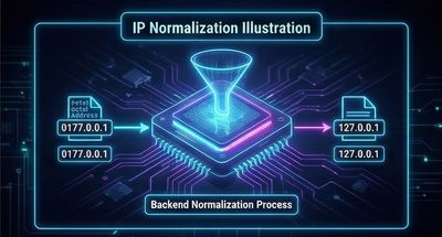 An illustration showing various IP address representations, specifically an octal format, being normalized by the backend server to the standard dotted-decimal loopback address 127.0.0.1.