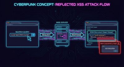 Concept diagram showing a web search input sending a query that is reflected into page HTML, highlighting the request-response loop and the DOM element where the payload executes.