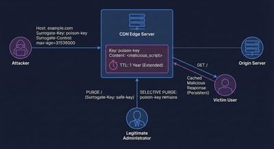 Detailed surrogate-key poisoning diagram showing TTL extension, selective purge, CDN persistence, blue security theme.