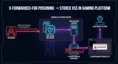 Diagram showing X-Forwarded-For poisoning user-location header leading to stored XSS in a gaming platform.