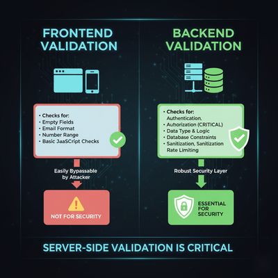 Graphic showing the distinct layers of frontend and backend validation, emphasizing the critical importance of server-side checks for security.