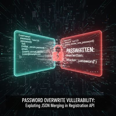 A visual of two JSON payloads merging, symbolizing a password overwrite vulnerability in a registration API.