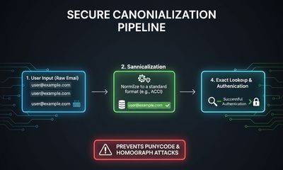 A developer workflow graphic illustrating a secure canonicalization and storage pipeline: user input is canonicalized, stored in a standardized format, and then used for exact lookups, preventing Punycode attacks.