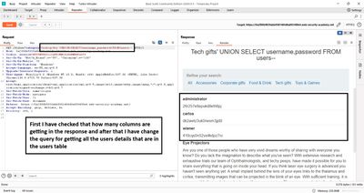 Response HTML showing extracted usernames and passwords.