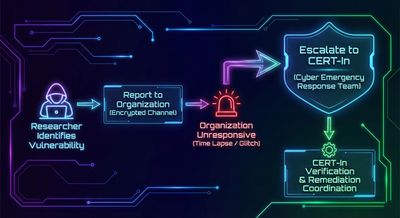 Flowchart showing researcher reporting to an unresponsive organization then escalating to CERT-In for verification and remediation, blue professional palette.