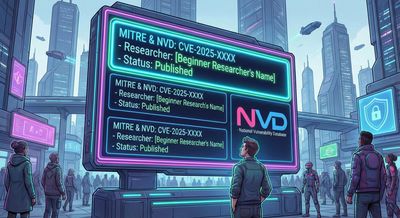 Cyberpunk illustration of a large, glowing digital advisory board in a futuristic city square displaying a researcher's name next to a published CVE ID from MITRE and NVD, with people admiring it.