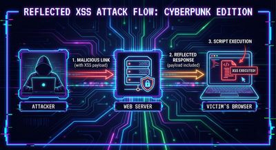 A high-level diagram showing the reflected XSS attack flow: attacker sends a malicious link to the server, which sends a reflected response to the victim's browser, where the injected script is executed.